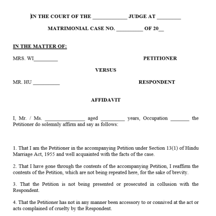 Format for Affidavit under Section 13(1) of Hindu Marriage Act, 1955