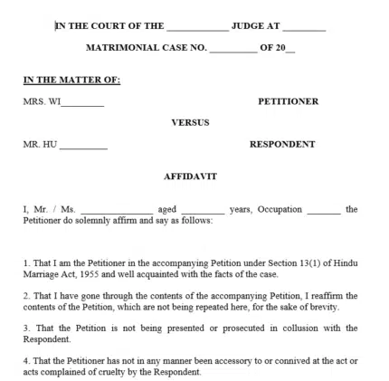 Format for Affidavit under Section 13(1) of Hindu Marriage Act, 1955