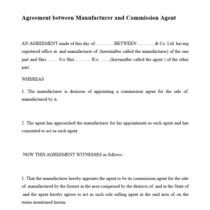 Format for Agreement  between a Manufacturer & Commission Agent