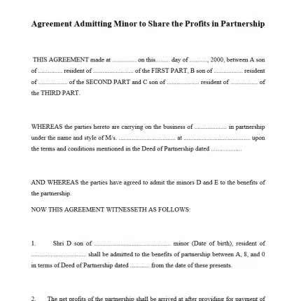 Format For Agreement to admit a Minor to Share Profits in Partnership Agreement