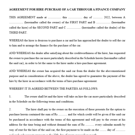 Format for Hire-Purchase Agreement of Car from Finance Company