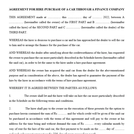 Format for Hire-Purchase Agreement of Car from Finance Company
