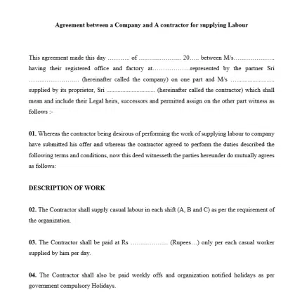 Format of a Agreement between a Company and a contractor for supplying Labour