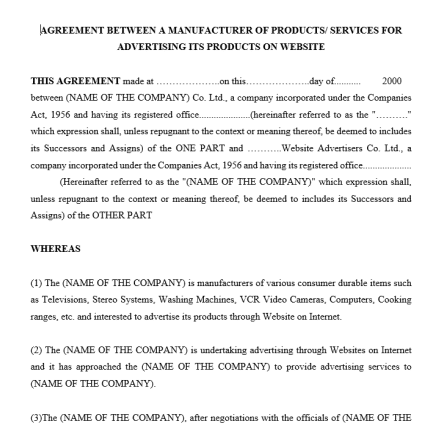 Format of Agreement between a Manufacturer of Product Services for Advertising its Products on Website