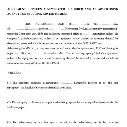 Format of Agreement between a Newspaper Publisher & an Advertising Agency for Securing Advertisement