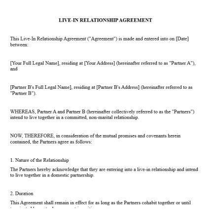 Format of Live in Relationship Agreement