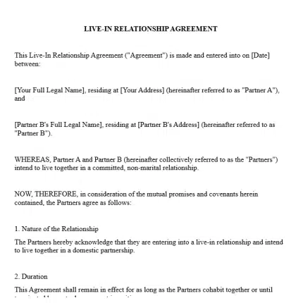 Format of Live in Relationship Agreement