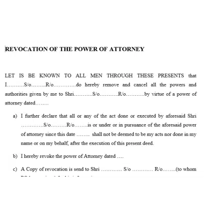 Format for Revocation of Power of Attorney