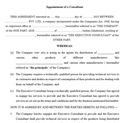 Format of a Appointment Letter of a Consultant