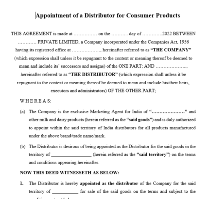 Format of Appointment letter of a Distributor for Consumer Products